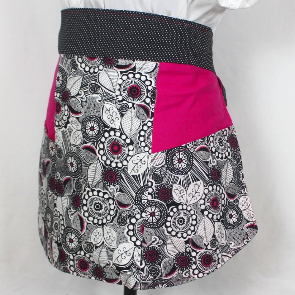 Pink Black Floral Geo Print Adult Half Apron Handmade Reversible Pockets Cotton